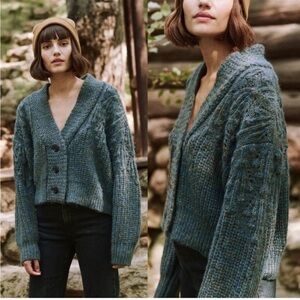 The GREAT. The Frond Montana Cardigan Green Pine Needle Shimmer oversized Sz S